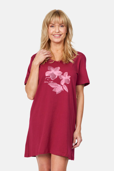 Natkjole - Rød - Blomster Print