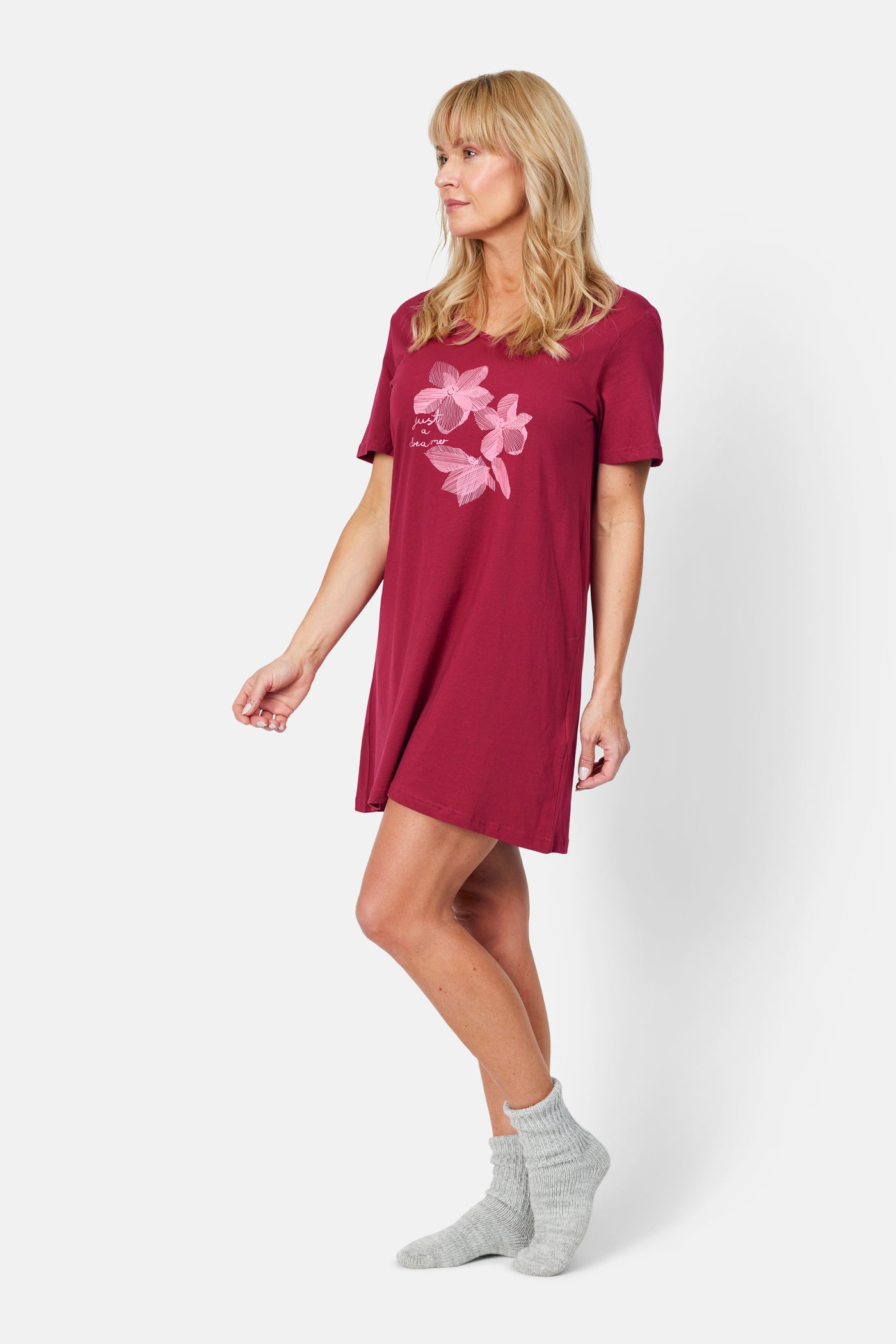 Natkjole - Rød - Blomster Print