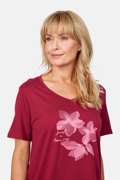 Natkjole - Rød - Blomster Print